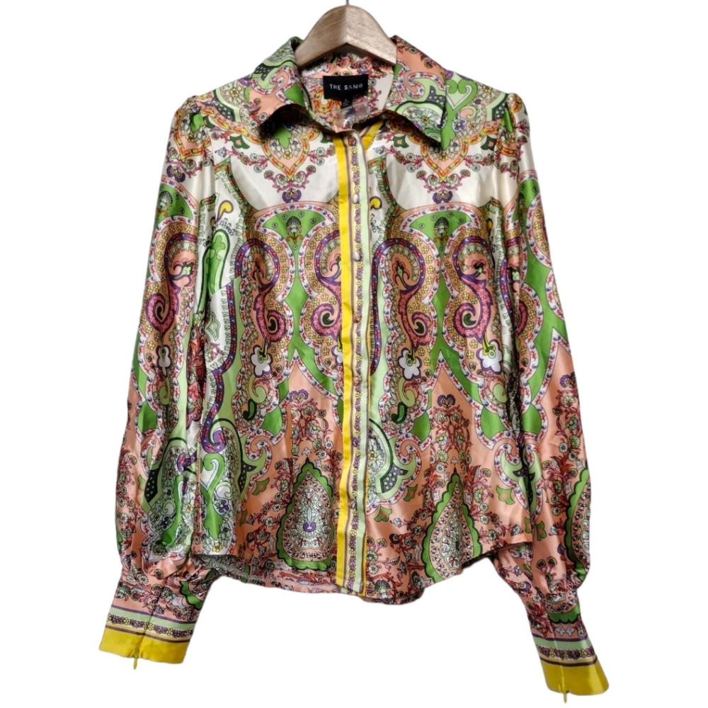The Sang Abstract Print Balloon Sleeve Satin Top